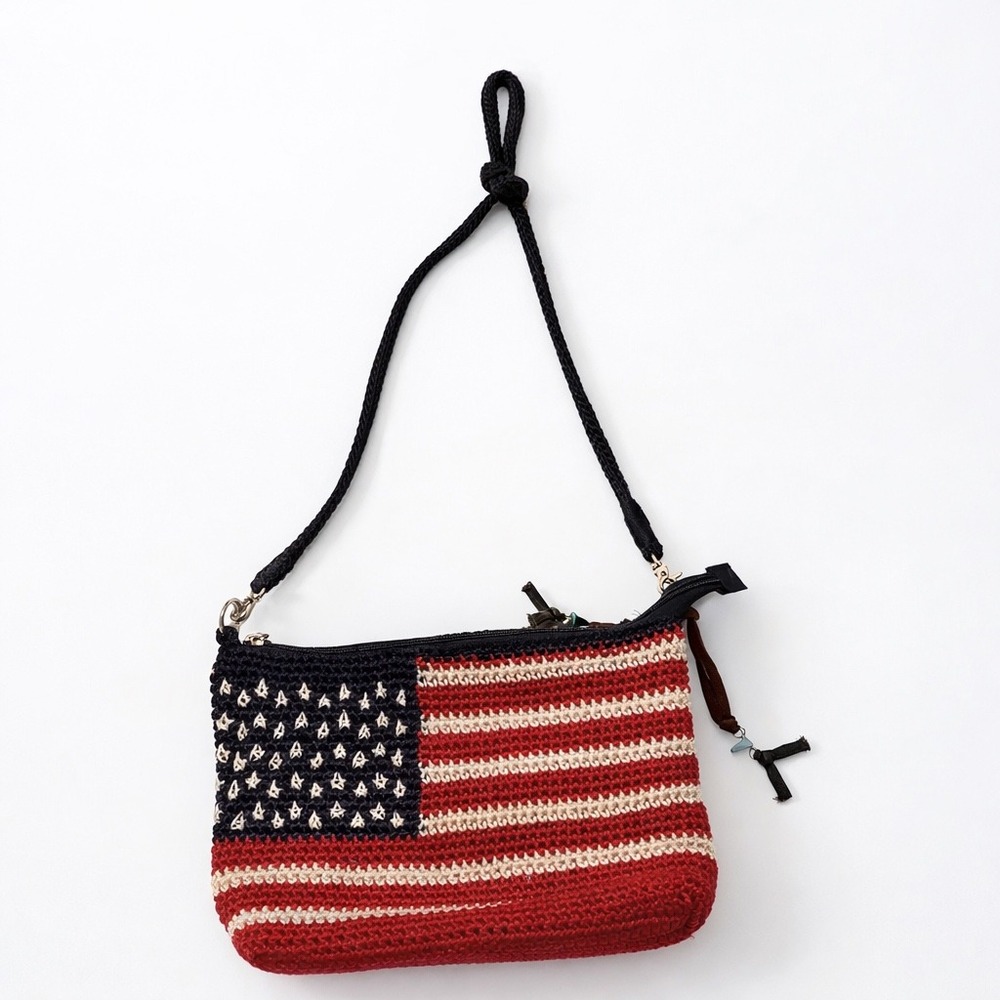 The Sak American Flag Crochet Crossbody Boho Festival Bag Patriotic USA Purse